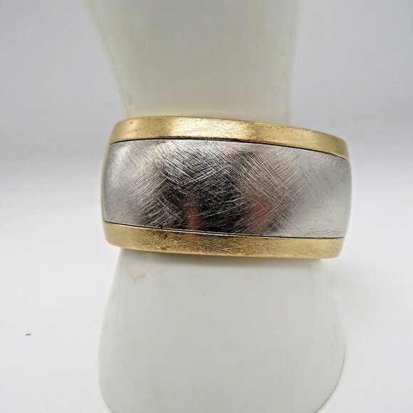 Vintage Bracelet Brushed Silver Gold Tone Hinged Cuff Clamper Bracelet - Picture 1 of 11